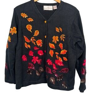 Janes Closet XL Black Knit Cardigan Sweater Fall Leaves Sequins Beads Boho Artsy